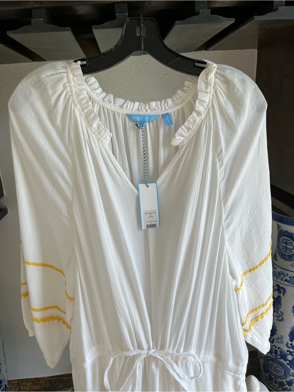 Draper James White Peasant Dress with Yellow Sleeve Embroidery, NWT, XXL